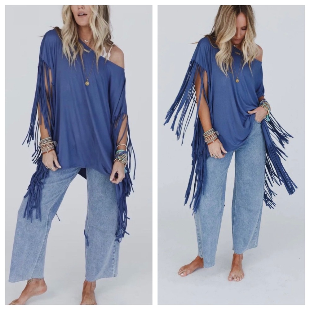 Three Bird Nest Showstopper Fringe Top XL Denim Blue Boho Poncho Western Flair